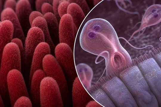 Microscopic view of pear-shaped giardia trophozoites with adhesive discs clinging to the lining of the small intestine, perfect for parasitology education and infectious disease content