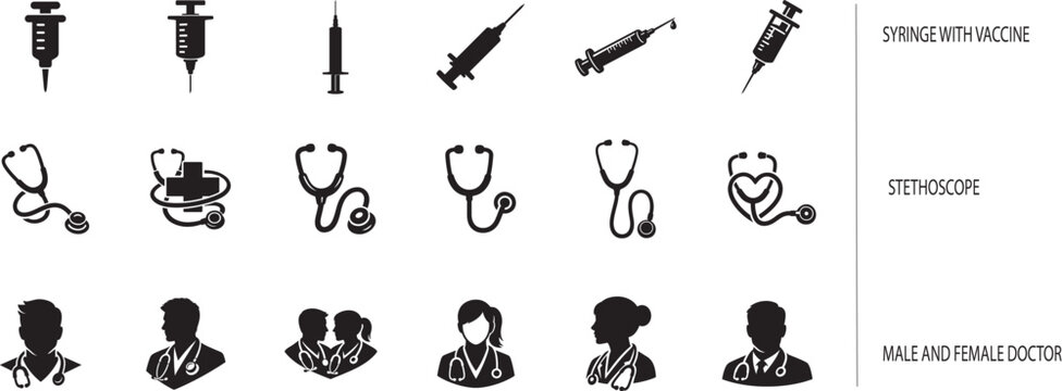Male and female doctor avatar, stethoscope and vaccine syringe medical icon set vector.