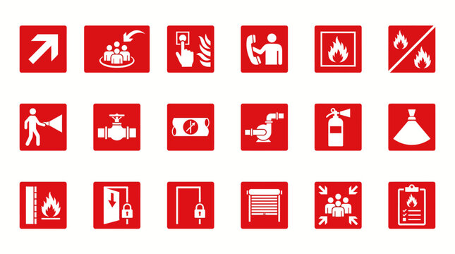 Vector Icons Set of fire safety and emergency evacuation signs.