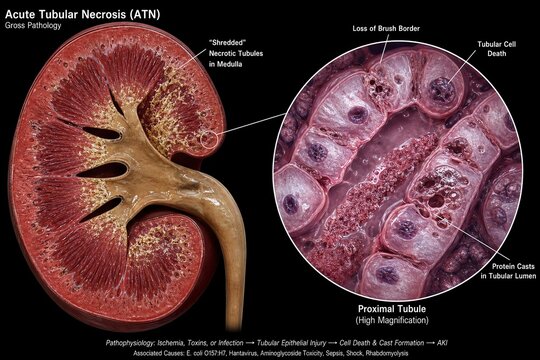 Medical illustration showing acute tubular necrosis with gross kidney pathology on one side and a high-magnification view of proximal tubule damage on the other, representing nephrology education