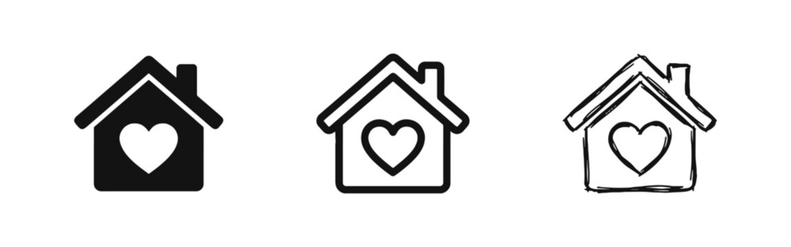 House with heart icon representing home love and family in glyph, outline and hand drawn sketch styles
