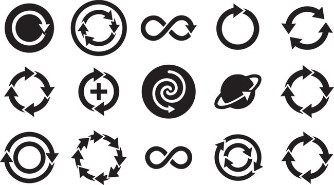 Collection of circular arrows and infinity symbols vector graphics.