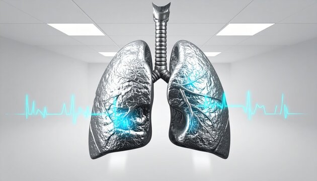 Metallic human lungs with glowing bronchial network and digital pulse waveform, conceptual medical illustration for respiratory health diagnostics and advanced pulmonary science research.
