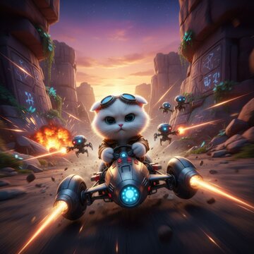 Cinematic adventure unfolds with a daring kitten at the wheel in a high octane chase scene
