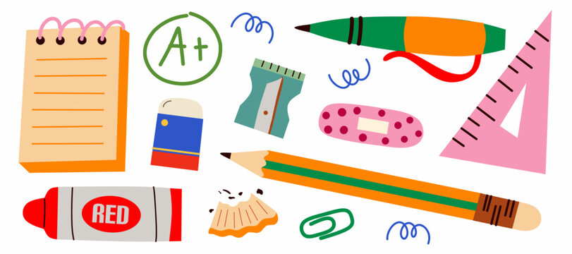 Set of cartoon back to school stickers in the 90s style. Retro elements of office, study, students, school supplies, lessons, university. Trendy bright vector illustration collection.