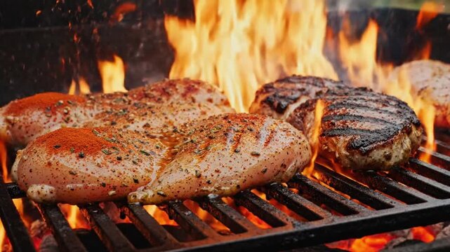 4k fierce cast-iron grill flames licking juicy searing chicken dramatic slow-motion bbq.