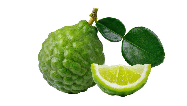 Whole Kaffir Lime and Slice with Green Leaves