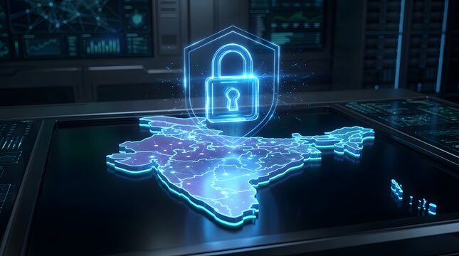 Cybersecurity Protection Concept with Digital Lock Shield on indian map and Secure Data Network Technology Privacy and Information Security Illustration