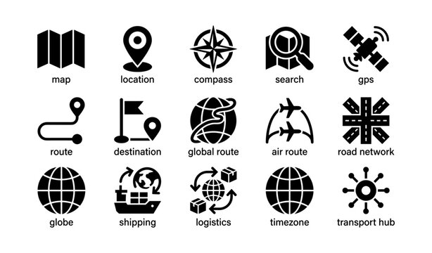 Navigation and routing icons for maps location and global routes