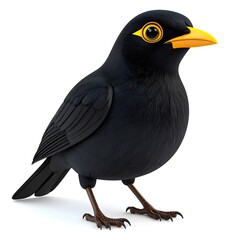 Fototapeta premium 3D cartoon of a myna bird with glossy black feathers, bright yellow eye patches.