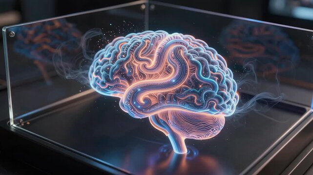 Glowing Brain Model Revealing Neural Pathways in 3D Display