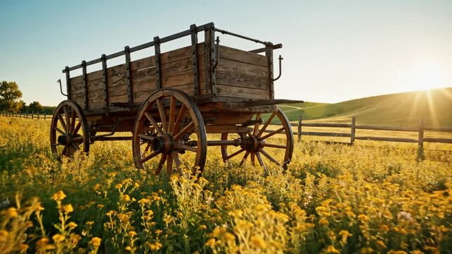 Rustic wooden wagon standing in a field of wildflowers bathed in the warm glow of the setting sun