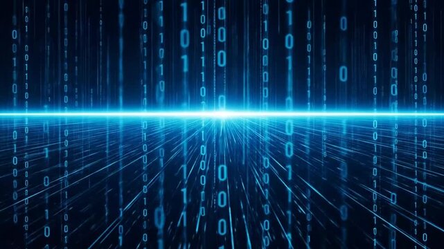Abstract blue digital binary code background with horizontal light beam