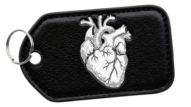 Leather Keychain with Anatomical Heart Design on Black Background silver image