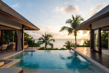 Fototapeta premium resort, tropical, villa, luxury, pool, ocean, beach, architecture, travel, paradise, modern, landscape, palm, relaxation, vacation, hotel, sunset, exterior, interior, elegant, design, premium, summer,