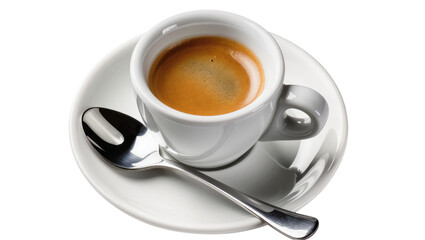 Creamy brown espresso in white porcelain cup and saucer with spoon