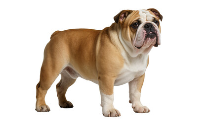 Obraz premium Tan English Bulldog Standing Alert with Wrinkled Face and Short Fur