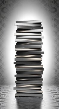 Tall Stack of Books on a Reflective Surface with Spotlight.
