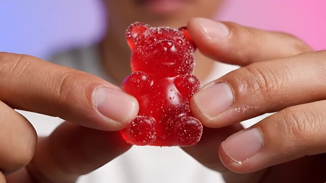 Close up of hands holding a red gummy bear candy.