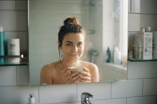 analog film camera shot of a young woman reflected in a steamy bathroom mirror