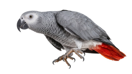 Gray African Parrot with Red Tail Feathers Perched Sideways © Maelle