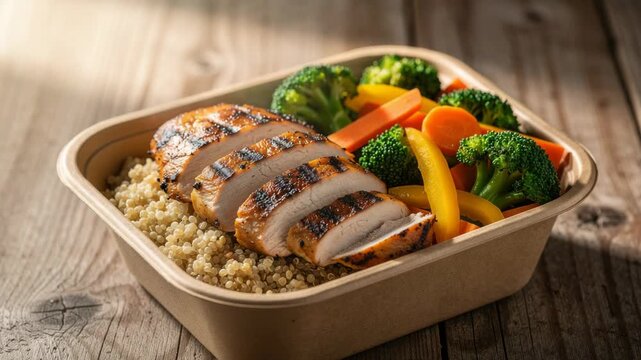 Close-up of steaming grilled chicken breast sliced on quinoa with vibrant steamed broccoli carrots and yellow bell pepper