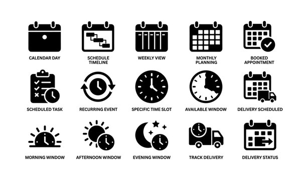 Calendar icons showing scheduling and delivery on white background