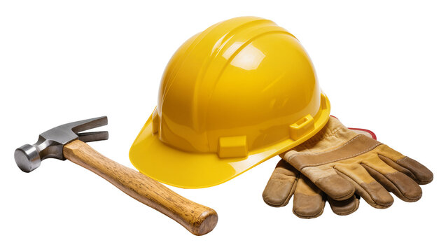Yellow Construction Helmet Hammer, and Brown Work Gloves