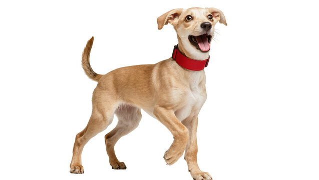 Tan happy mixed breed dog wearing red collar standing
