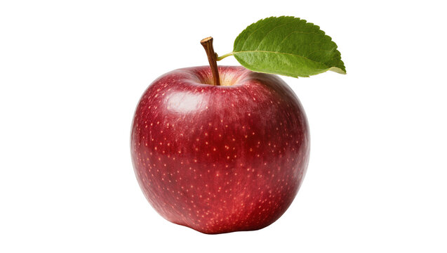 Crimson speckled apple with green leaf attached to stem