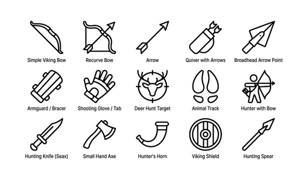 Archery and hunting equipment icons arranged on white background