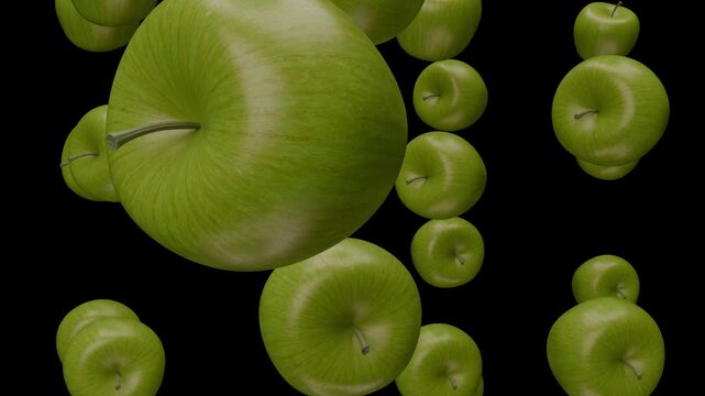 Falling Apples in Slow Motion Isolated on Black Background with Alpha Channel and Depth Map