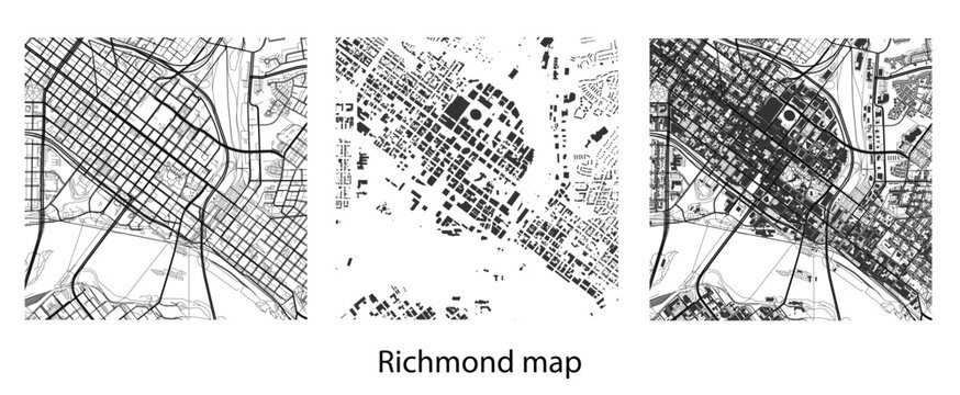 Richmond Virginia City Map Vector Illustration | Minimalist Urban Street Plan and Building Footprint Silhouette Set for Modern Graphic Design and GIS Layouts