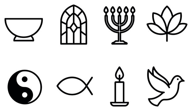 Religion icons with bowl menorah lotus outline