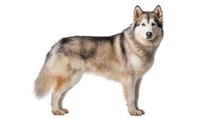 Gray fluffy Siberian Husky standing attentively with brown eyes and dark muzzle © Paula