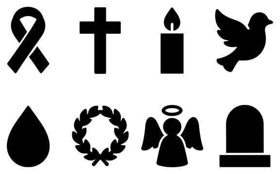 Funeral icons with ribbon cross candle silhouette simple