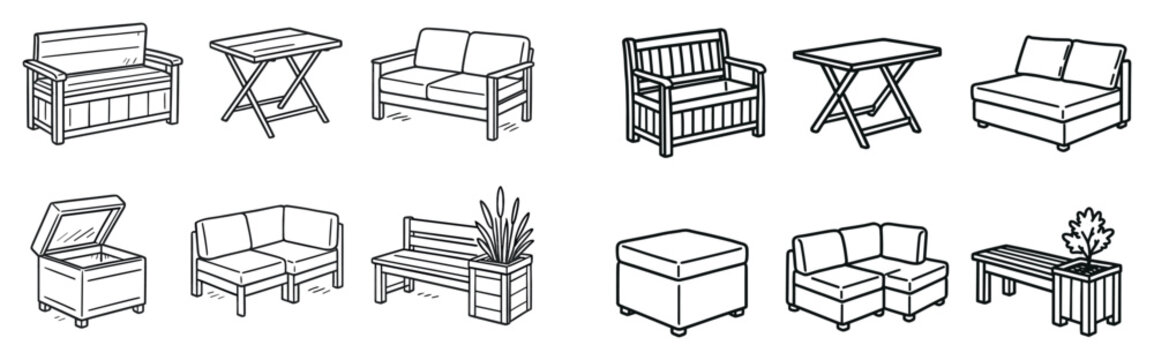 Home decor icons with sofa bench and table outline