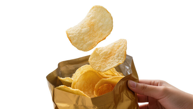 Golden Crunchy Potato Chips Floating from Open Foil Pouch