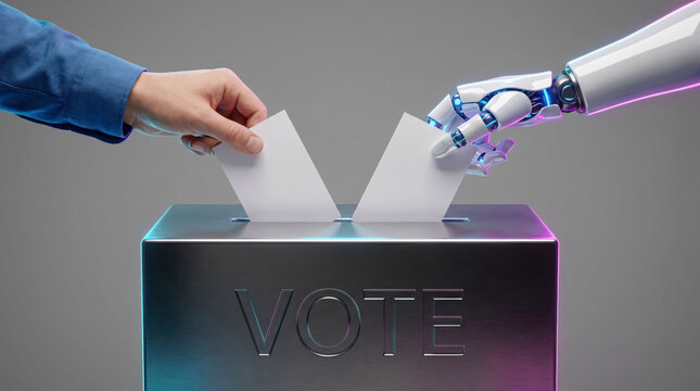Human and robot casting ballots into vote box, AI election and future of digital democracy concept. 
