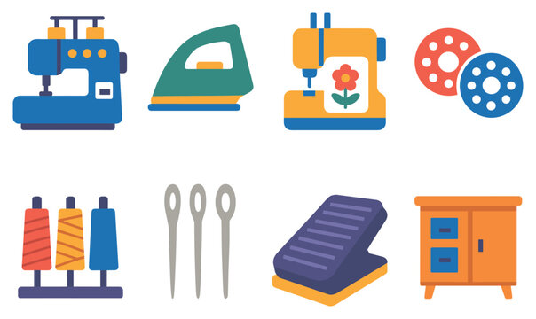 Sewing icons with sewing machine iron needles flat colorful