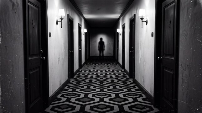 Eerie Silhouette in a Dark Hotel Corridor, Black and White Photography.
