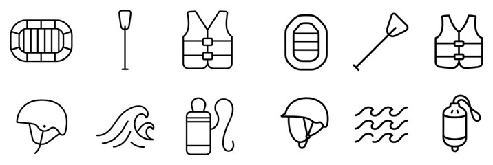 Naklejka premium Water safety icons with raft paddle helmet outline