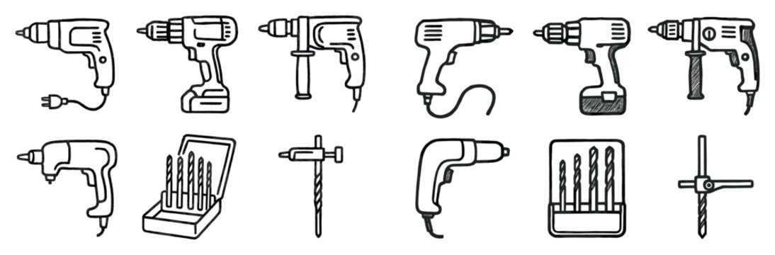 Tools icons with drill bit holder outline
