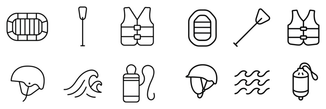 Water safety icons with raft paddle helmet outline