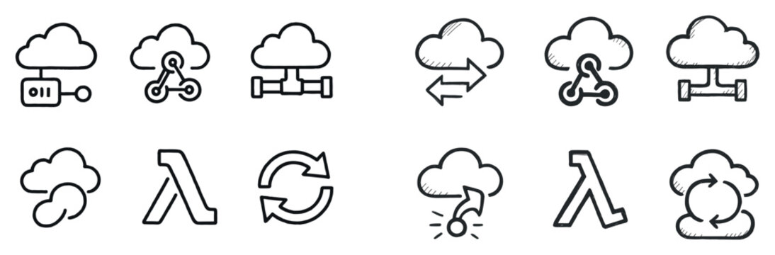 Cloud icons with nodes sync lambda outline