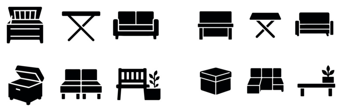 Furniture icons with sofa bench table solid