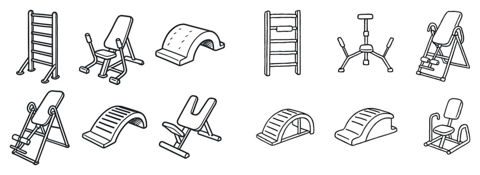 Fitness icons with bench ladder roman outline