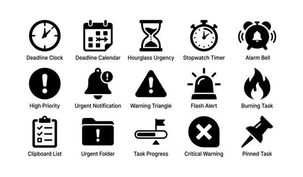 Urgency and alert icons for tasks and deadlines on white background