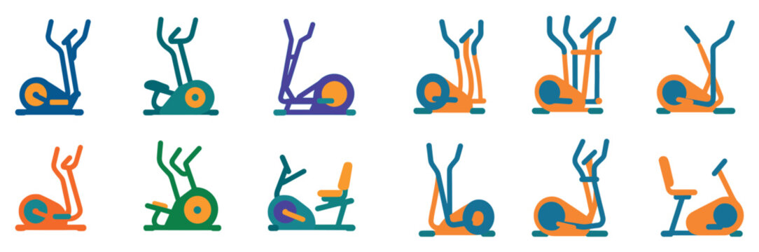 Fitness icons with elliptical bike machine outline