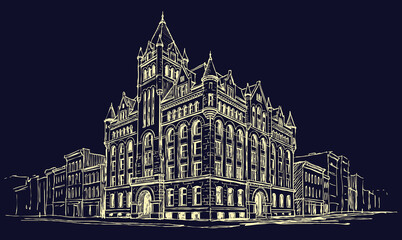 Obraz premium Vector line art of a vintage building. Old Building In Chicago City.